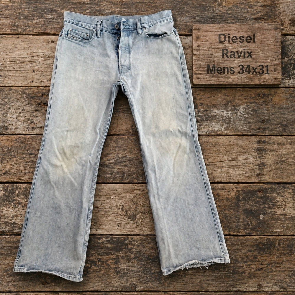 Diesel Ravix Mens Jeans 34x31 Light Wash Distressed Wide Leg Made in Italy